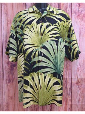 Tommy Bahama Mens Green Palm Leaf Hawaiian Shirt Medium 100% Silk